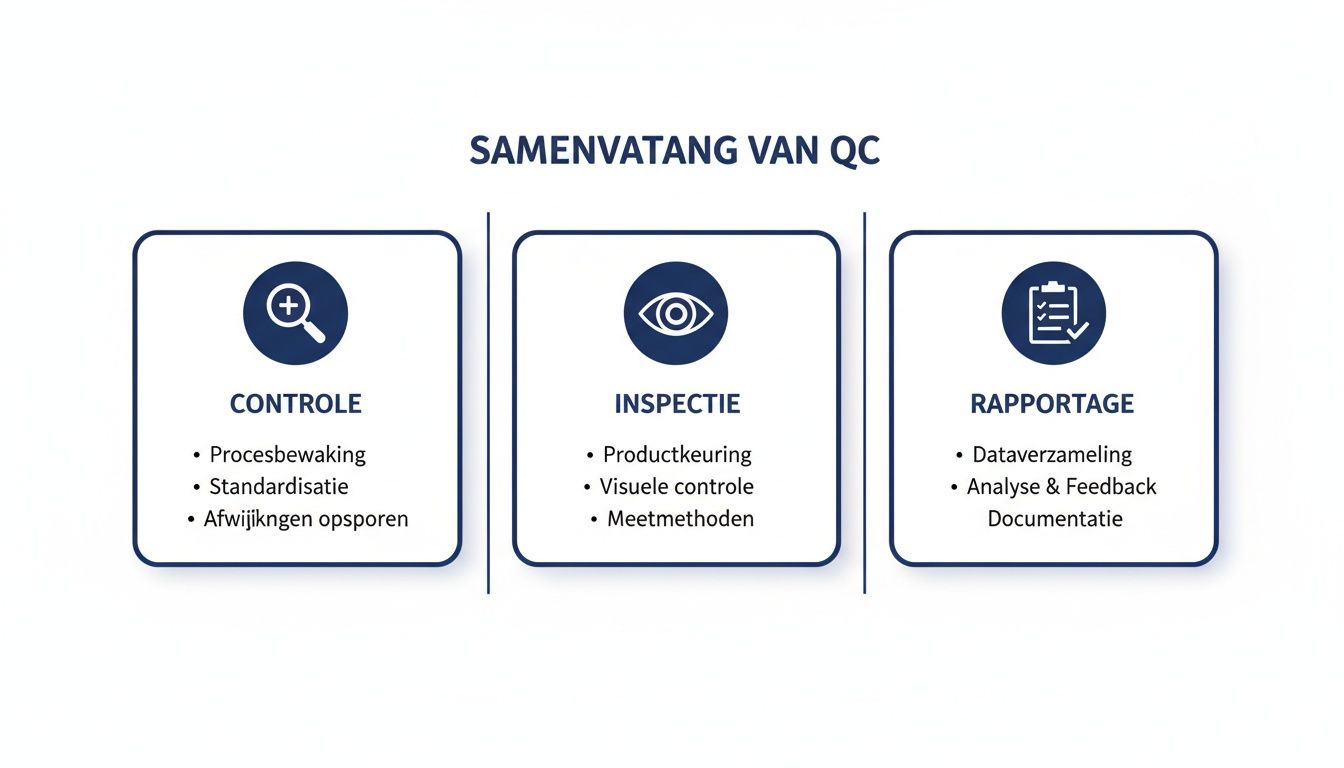 Overzicht van de Quality Control (QC) processen met controle, inspectie en rapportage stappen.