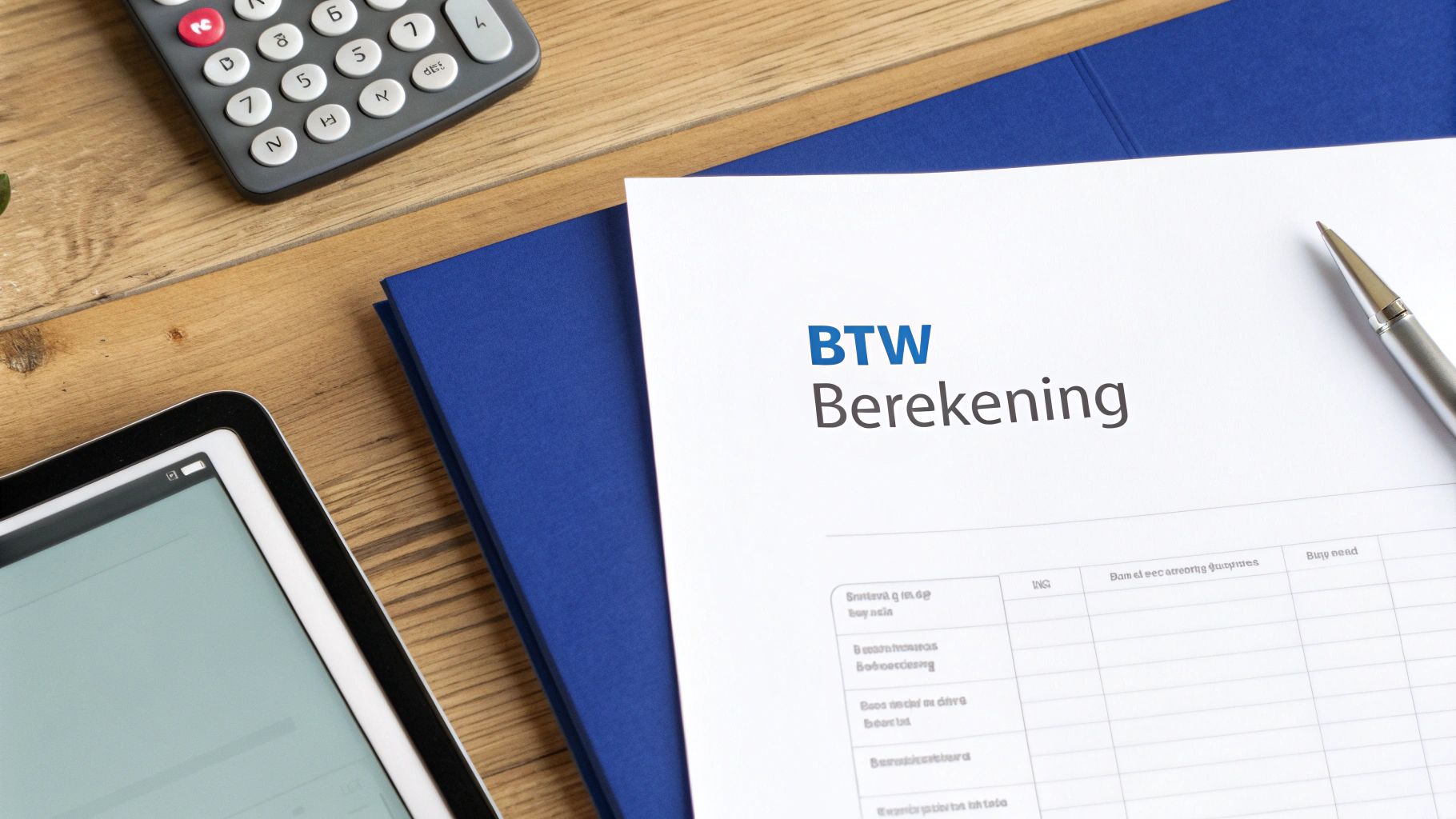 Een bovenaanzicht van een bureau met een btw-berekening document, calculator, tablet en pen.