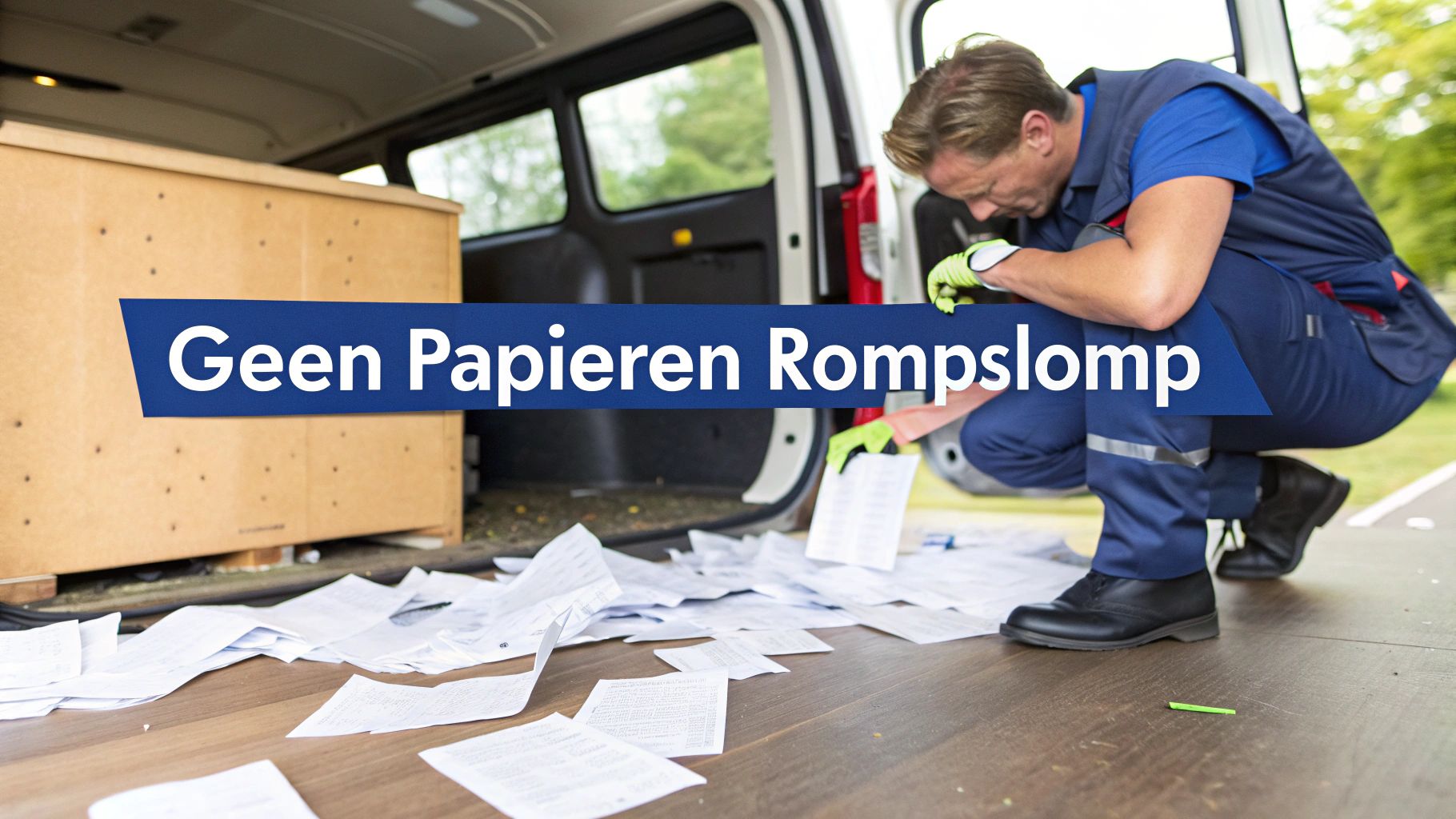 Een man in werkuniform raapt verspreide papieren op uit een busje. Tekst: Geen Papieren Rompslomp.