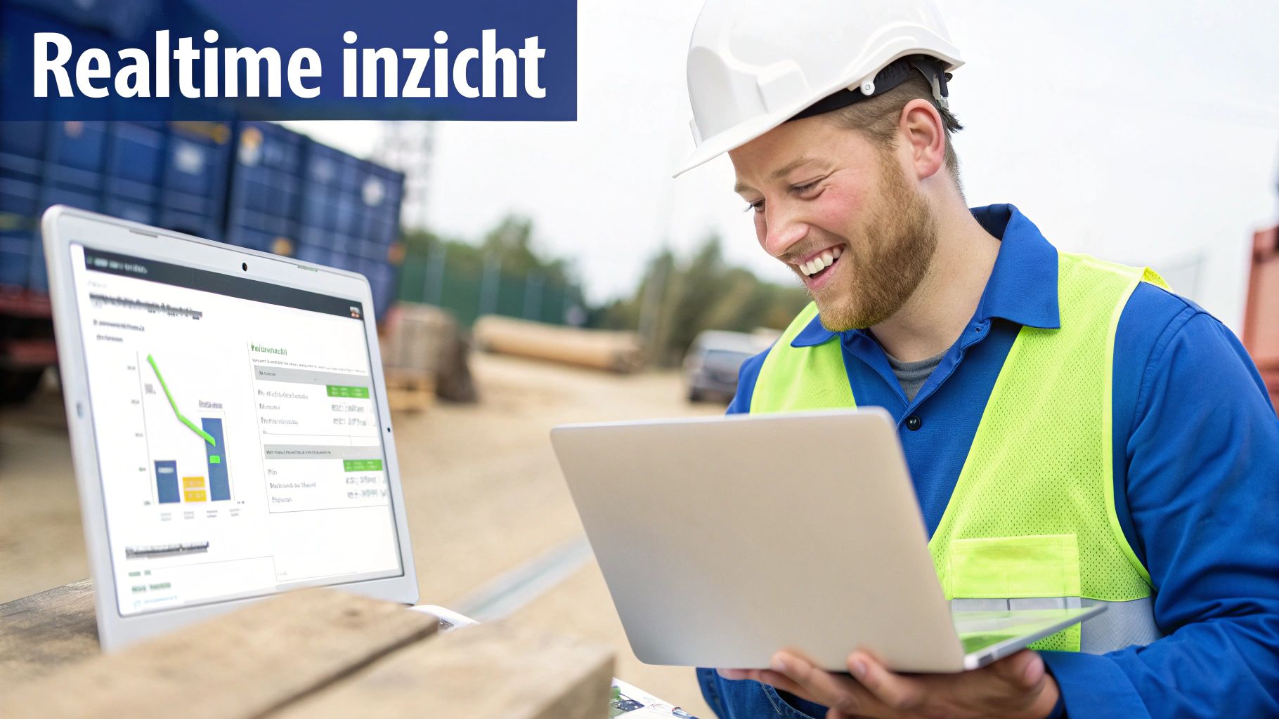 Een lachende bouwvakker gebruikt laptops voor realtime inzicht in data op een bouwplaats.