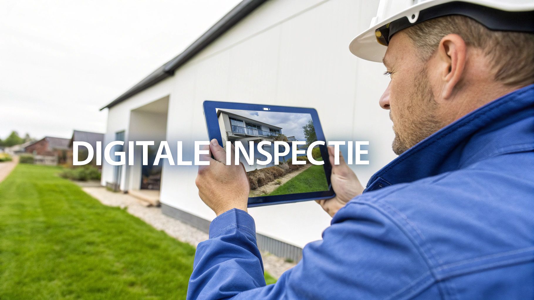 Een man in een bouwhelm en blauwe kleding inspecteert een huis digitaal met een tablet, waarop een woning is afgebeeld.