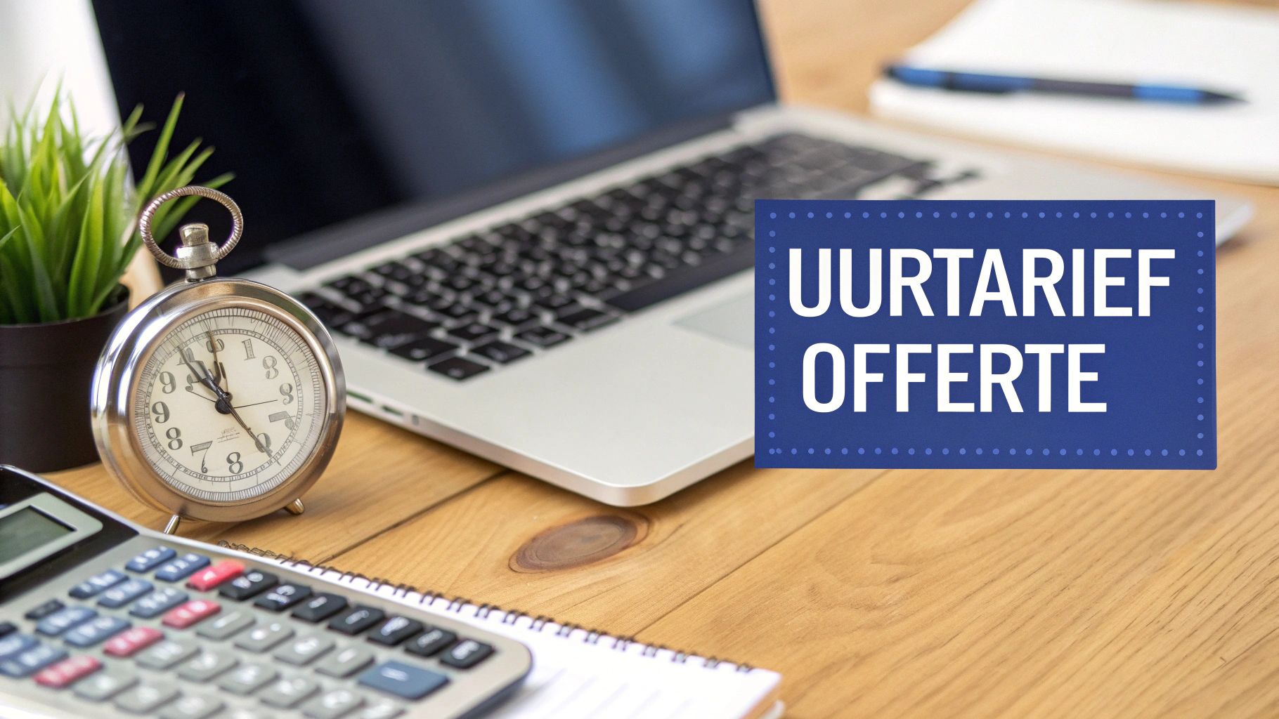 Een werkplek met laptop, klok, rekenmachine en een bord met de tekst 'UURTARIEF OFFERTE'.