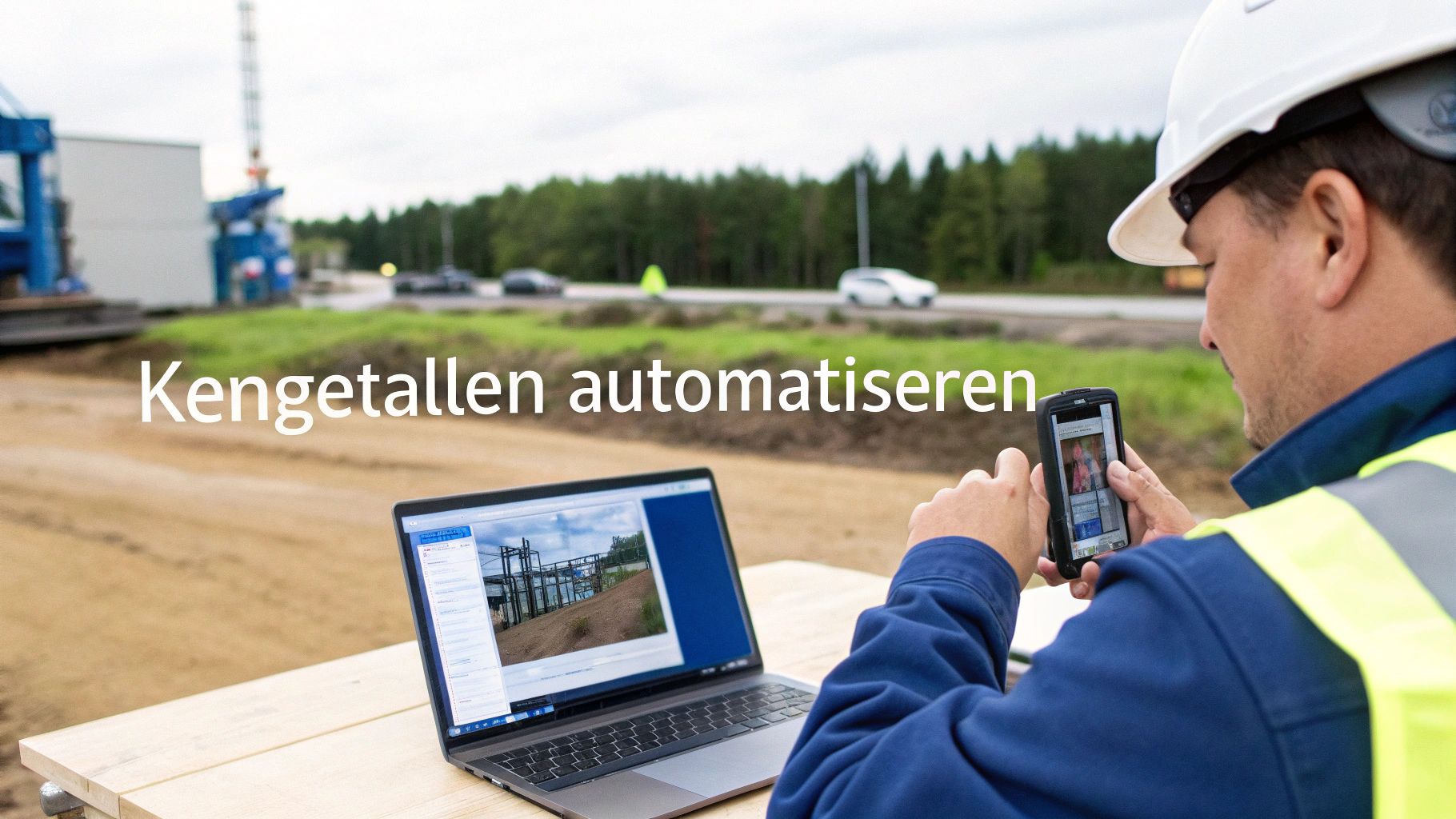 Een bouwvakker die een tablet gebruikt op de bouwplaats om data vast te leggen.