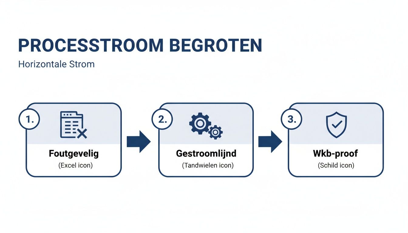 Horizontale processtroom die de stappen van foutgevoelig naar gestroomlijnd en Wkb-proof begroten visualiseert.