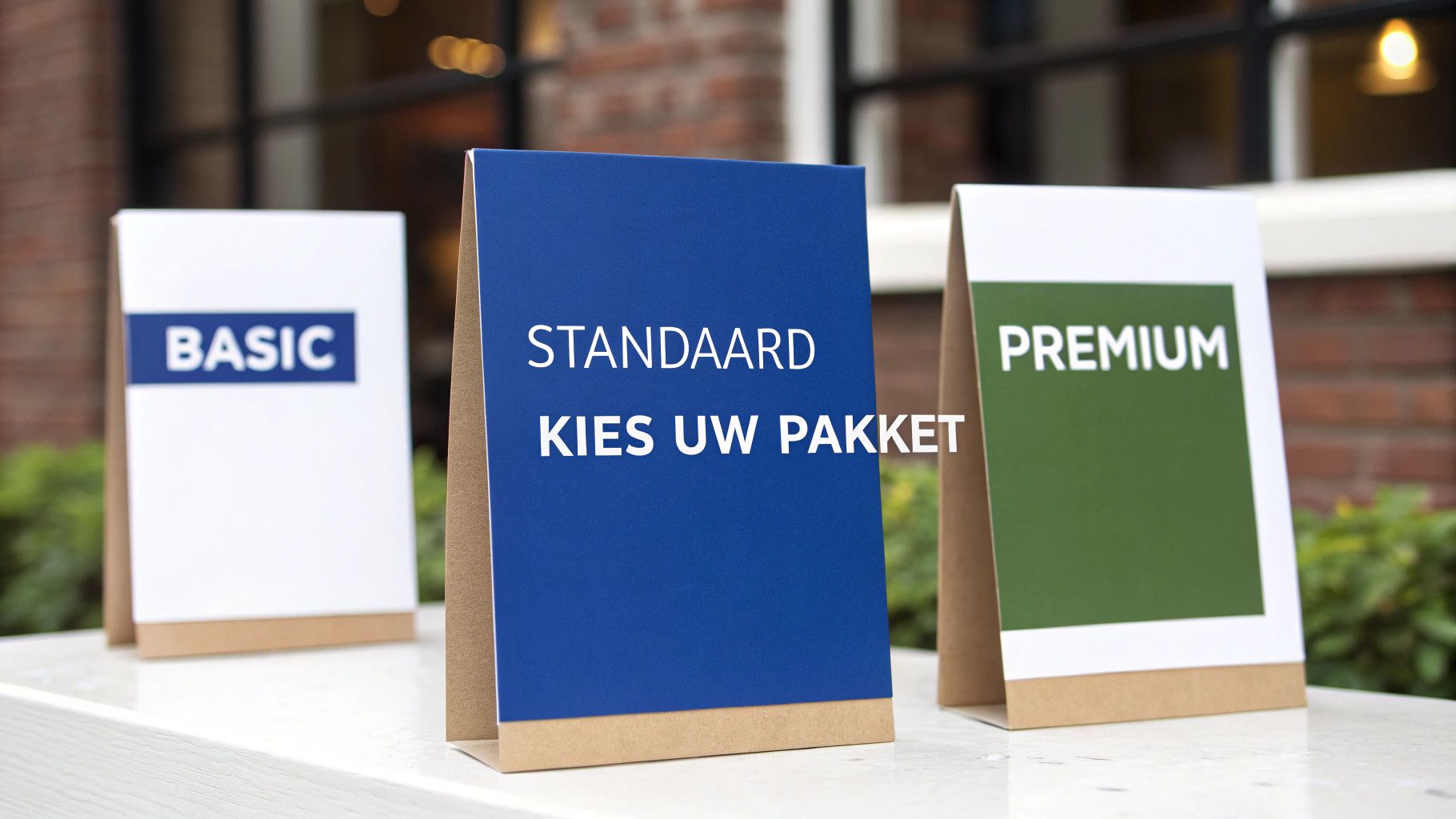Drie kartonnen displays tonen BASIC, STANDAA-RD en PREMIUM pakketten voor offertes en prijsopties