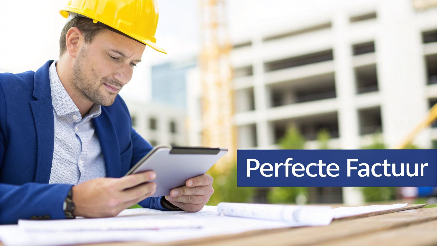 Bouwvakker met gele helm bekijkt documenten op tablet op bouwplaats, met tekst 'Perfecte Factuur'.