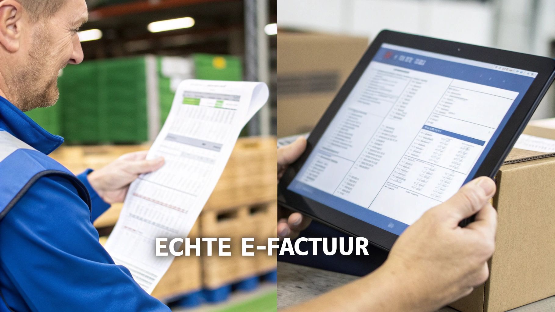 Man bekijkt papieren factuur terwijl iemand anders een e-factuur op een tablet bekijkt in een magazijn.