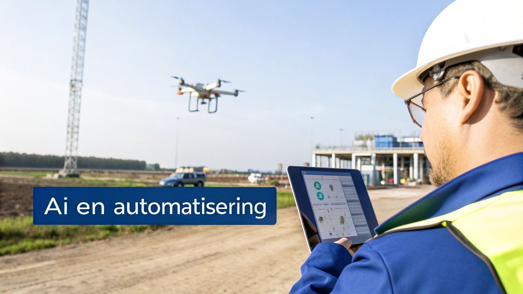 Een man in veiligheidshelm bedient een drone boven een bouwterrein met een tablet, met de tekst 'Ai en automatisering'.
