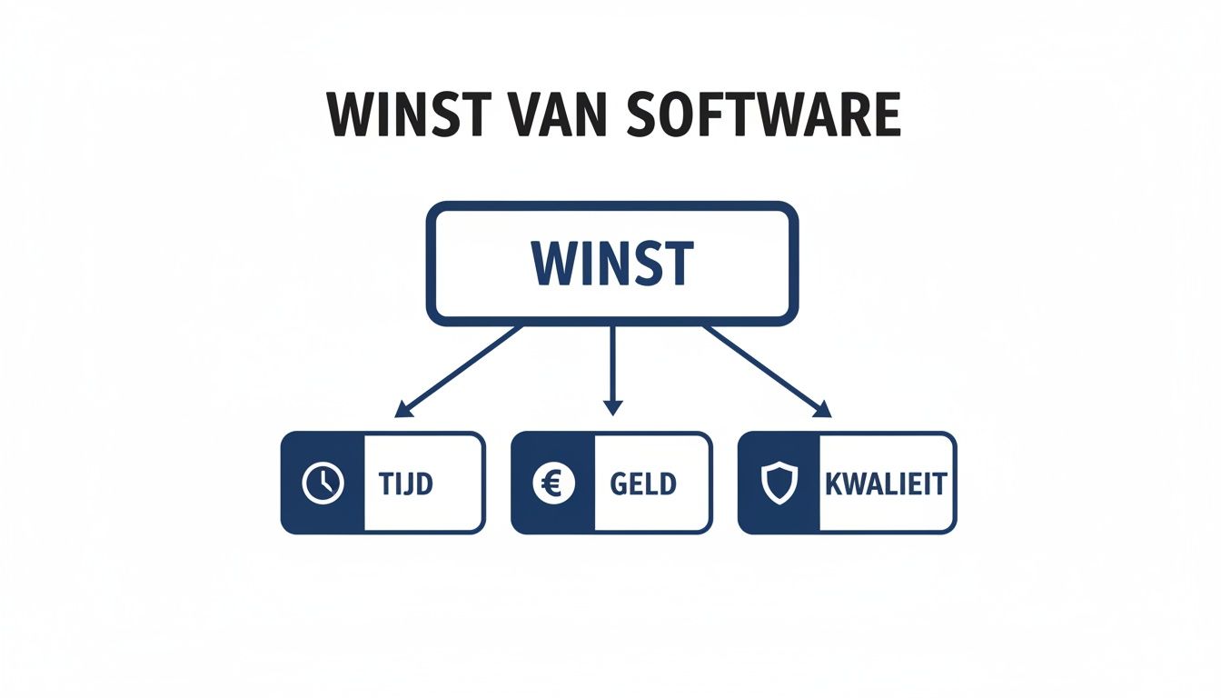Diagram dat de winst van software visualiseert, onderverdeeld in tijd, geld en kwaliteit.