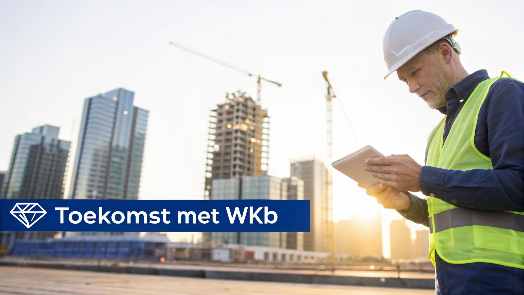 Bouwvakker met tablet kijkt naar toekomstplannen bij zonsondergang op bouwplaats met moderne gebouwen en kranen.
