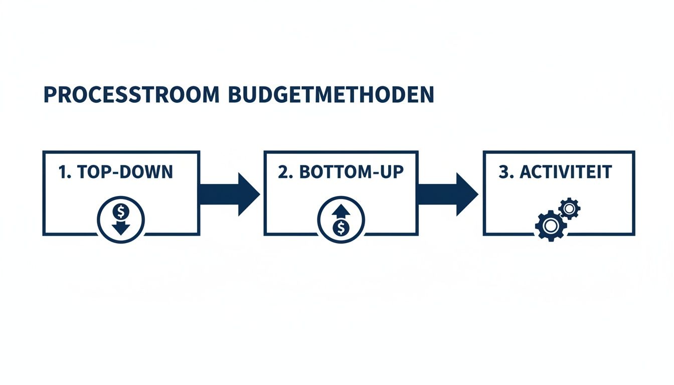 Een processtroomdiagram dat de drie budgetmethoden toont: top-down, bottom-up en activiteit, elk met een passend icoon.