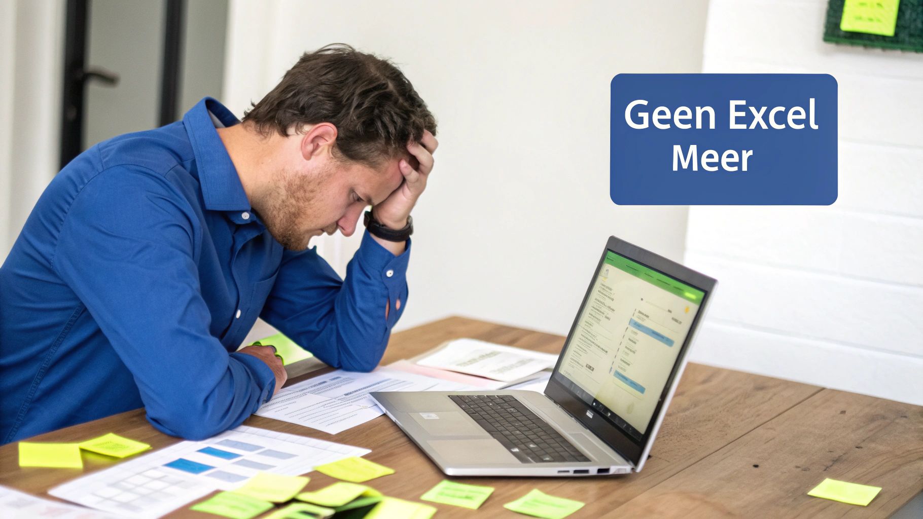 Een gestreste man aan een bureau met laptop en papieren, met de tekst 'Geen Excel Meer'.