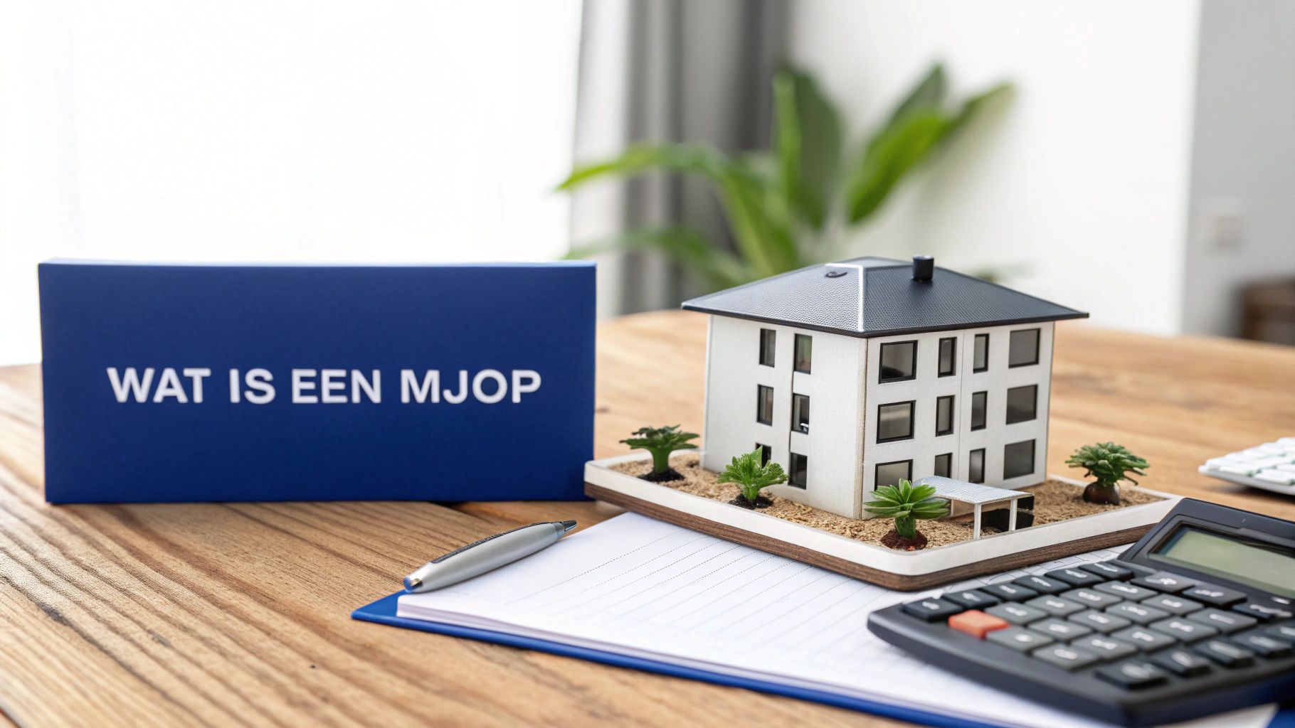 Een blauwe map met 'WAT IS EEN MJOP' ligt op een houten tafel naast een miniatuur huis, pen, notitieblok en rekenmachine.