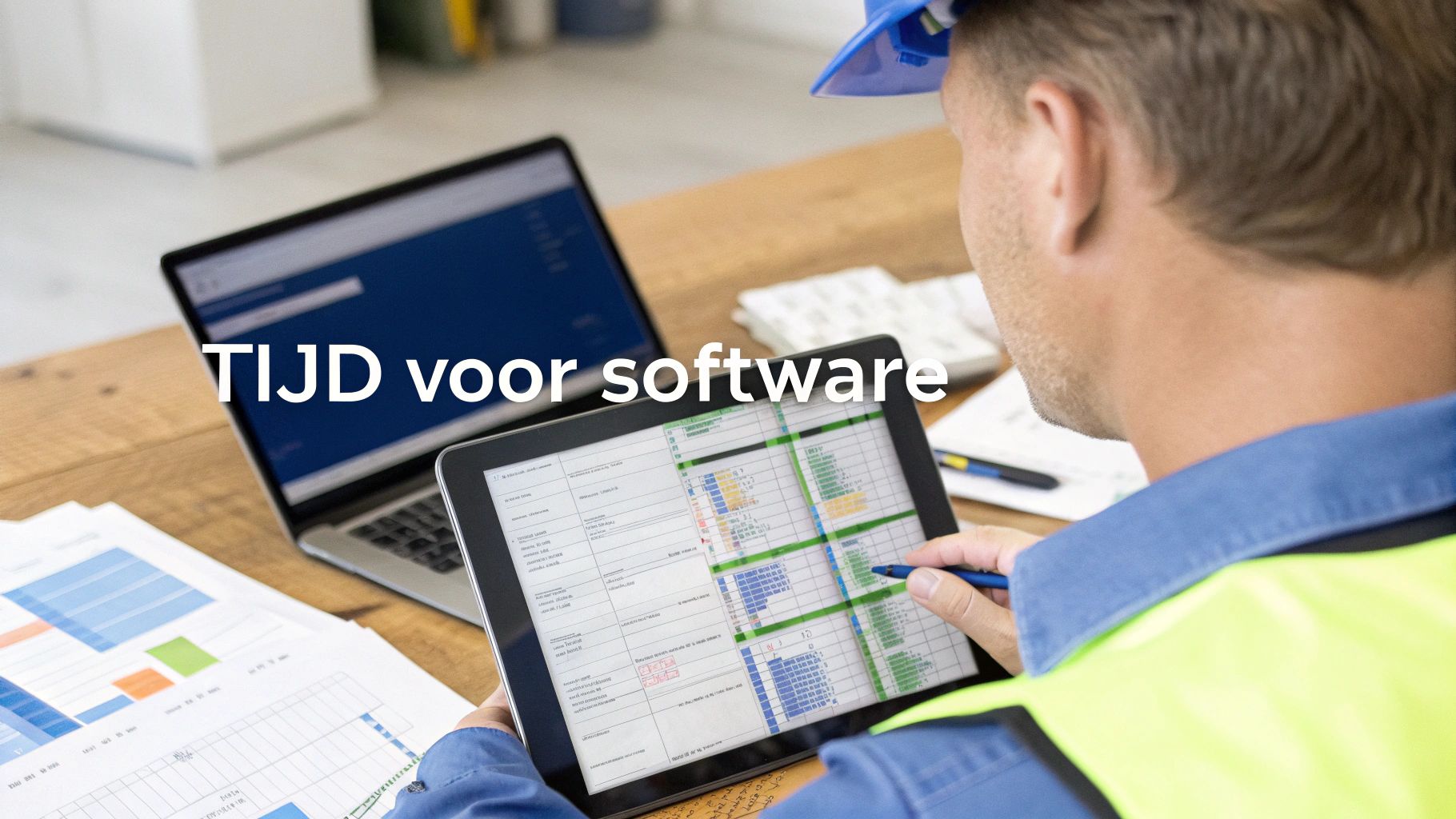 Een bouwvakker of projectmanager bekijkt een planning op een tablet, met een laptop en documenten op tafel.