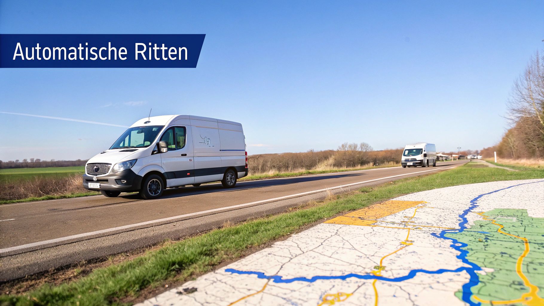 Twee witte bestelwagens rijden op een landweg; op de voorgrond een gedetailleerde kaart op de grond.