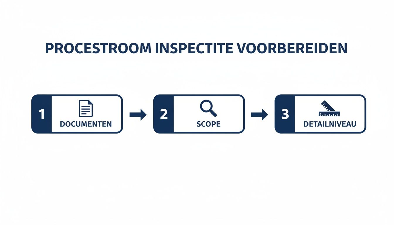 Stroomdiagram ‘Inspectie Voorbereiden’ toont drie stappen: Documenten, Scope en Detailniveau, van een inspectieproces.