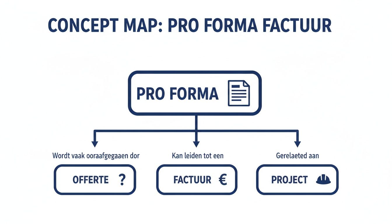 Concept map die de relatie toont tussen een pro forma factuur, offerte, factuur en project.