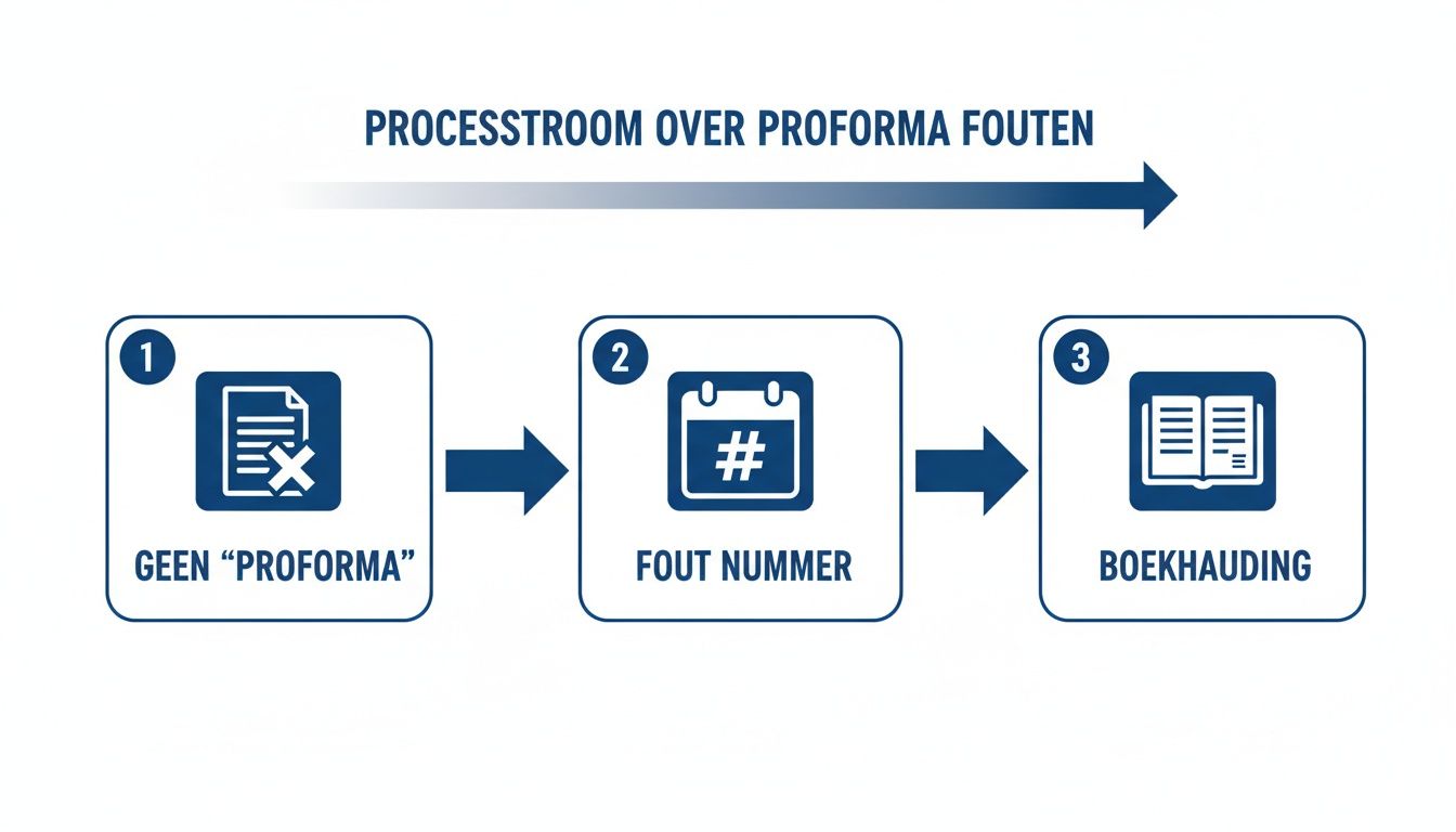 Diagram dat de processtroom voor proforma fouten illustreert, met stappen van geen proforma tot boekhouding.
