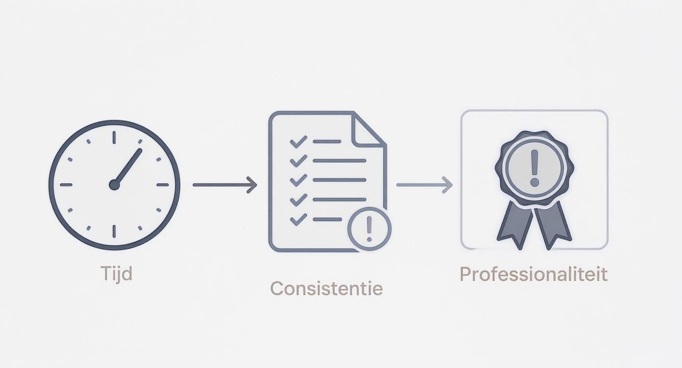 Een infographic die een proces toont van tijd en consistentie, wat leidt tot professionaliteit, met bijbehorende iconen.