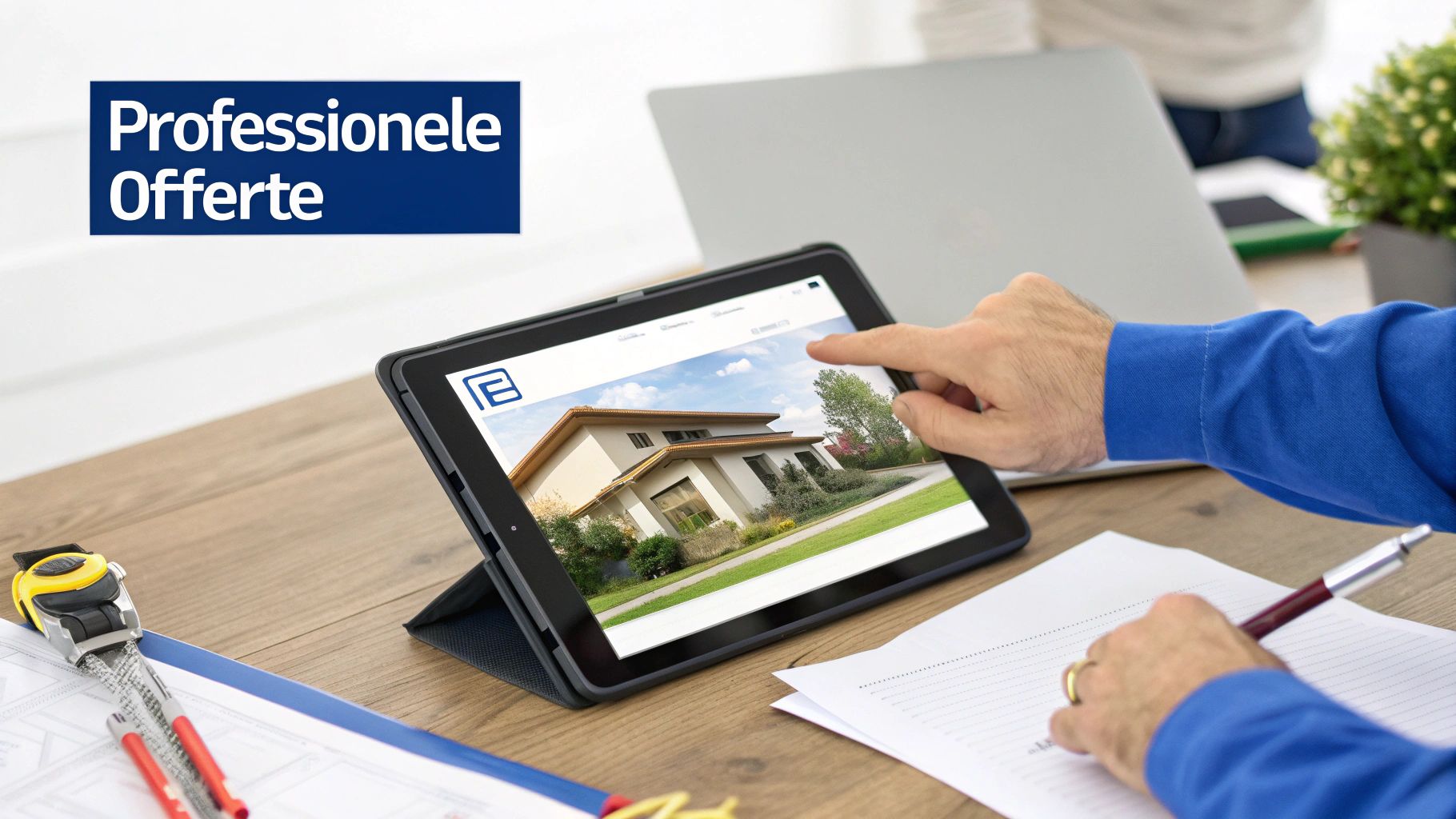 Een persoon werkt aan een bureau met een tablet waarop een huis staat, terwijl hij notities maakt. De tekst 'Professionele Offerte' is zichtbaar.