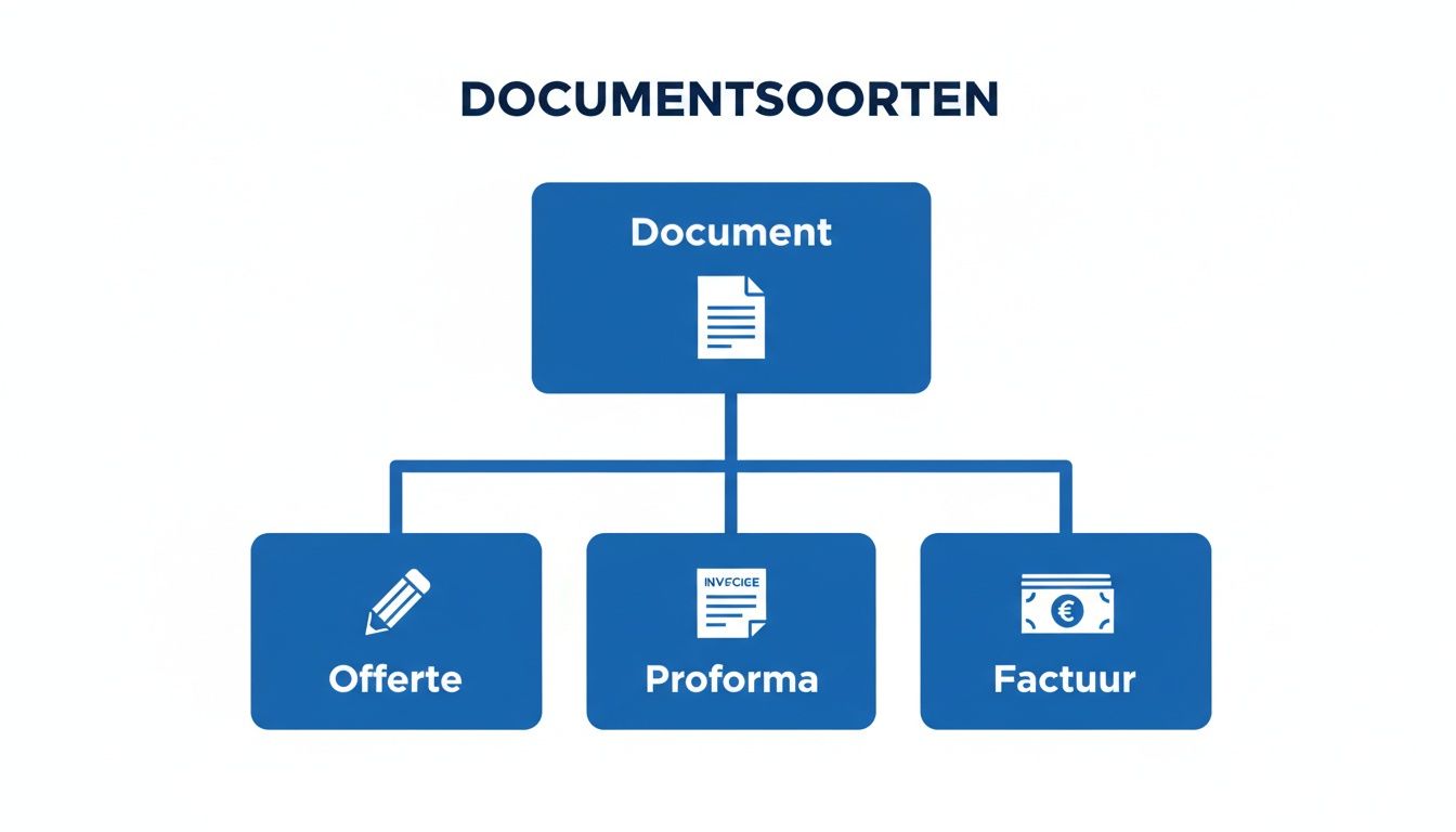 Een diagram toont de verschillende soorten documenten, waaronder offertes, proforma facturen en reguliere facturen.