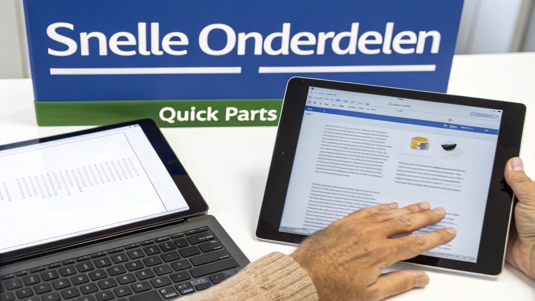 Een persoon werkt op een tablet met een document, met een laptop ernaast en een 'Snelle Onderdelen' bord.