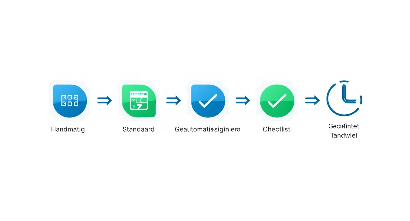 Werkstroom diagram van handmatig proces naar standaard, geautomatiseerd, checklist tot gecirfintet tandwiel