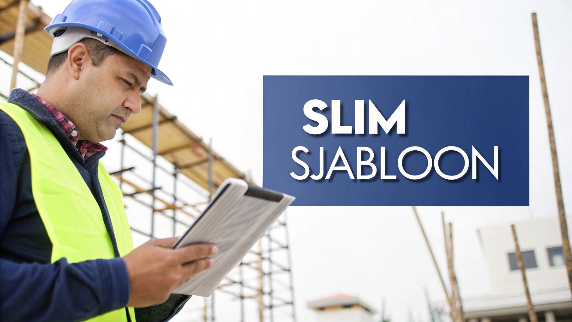 Een aannemer die op een laptop werkt aan een Word sjablolo op een bouwplaats.