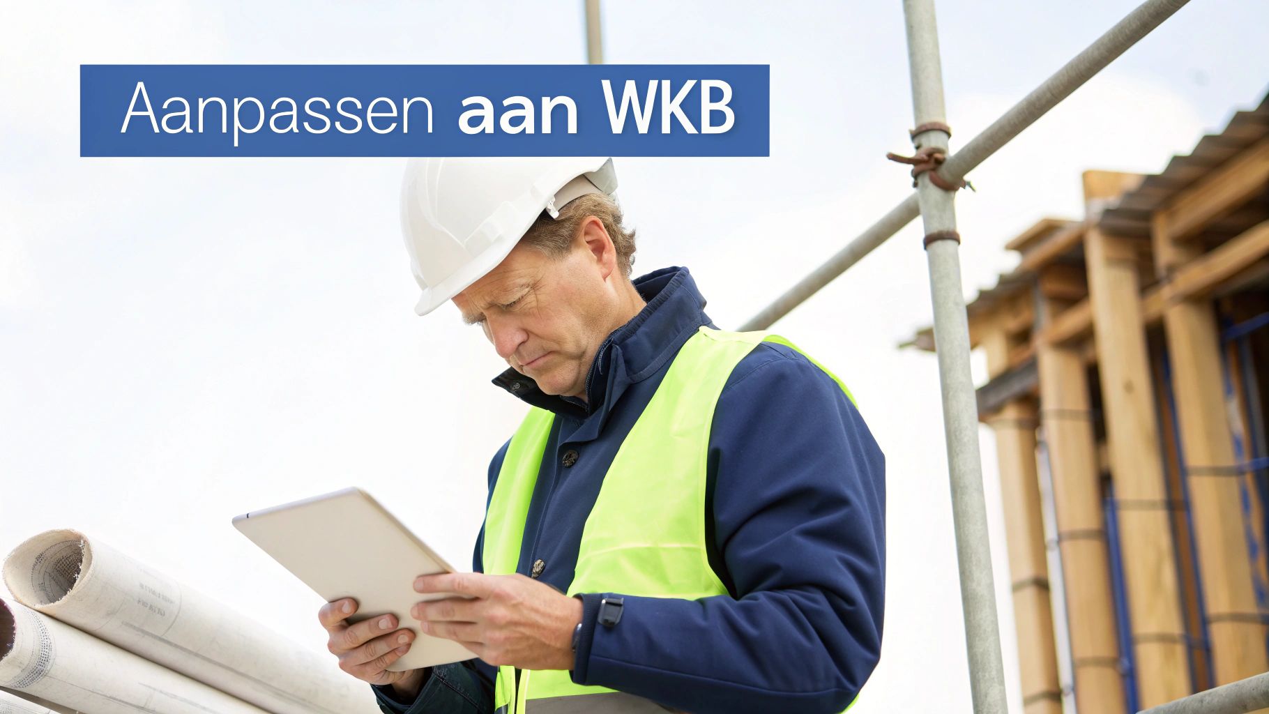 Bouwvakker in veiligheidshelm en vest bekijkt een tablet op een bouwplaats met de tekst 'Aanpassen aan WKB'.