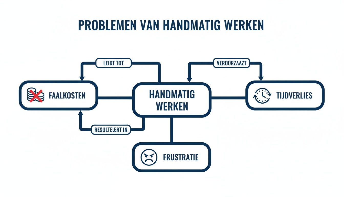 Een stroomdiagram dat de problemen van handmatig werken illustreert, zoals faalkosten, tijdverlies en frustratie.