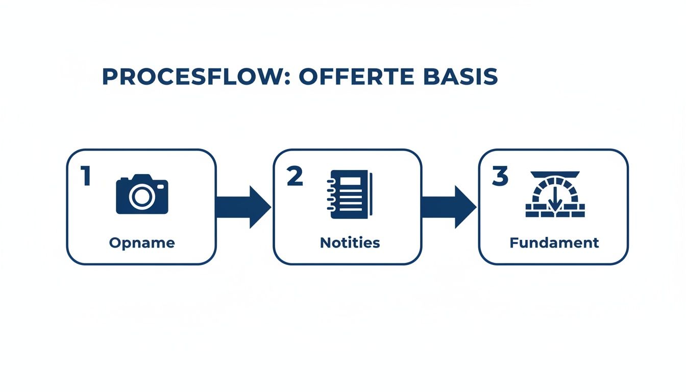Een procesflow die de drie basis stappen voor het maken van een offerte toont: opname, notities en fundament.