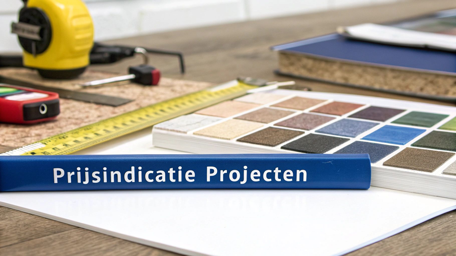 Een blauwe map met 'Prijsindicatie Projecten', een kleurenstaalboek en meetgereedschap op een bureau.