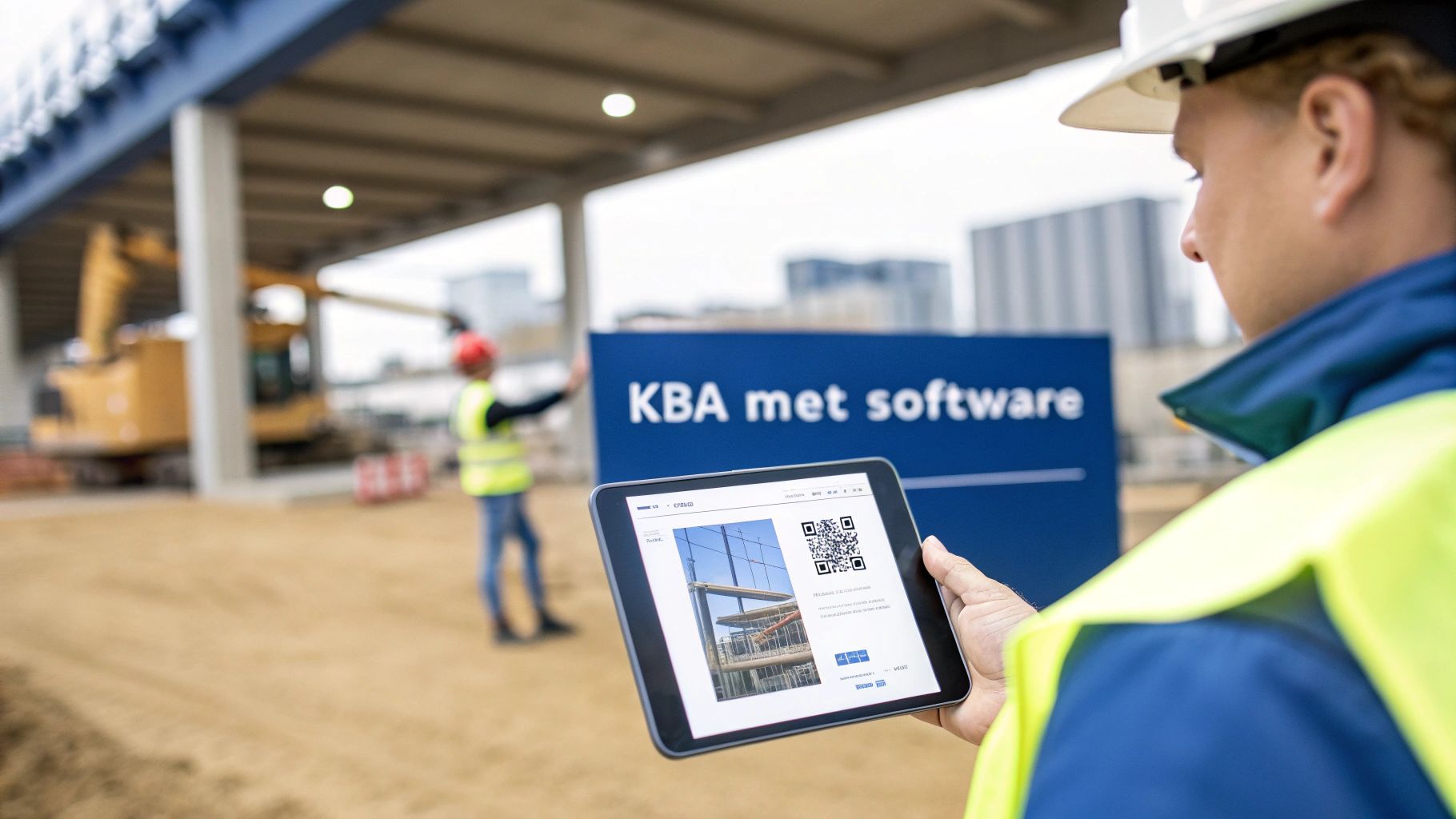 Een bouwinspecteur gebruikt een tablet op de bouwplaats om data te verzamelen.