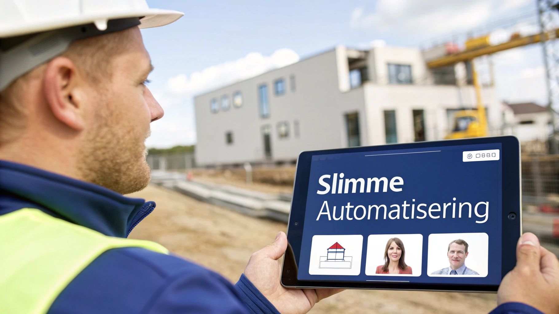 Bouwvakker in veiligheidshelm en -vest bekijkt een tablet met 'Slimme Automatisering' op een bouwplaats.