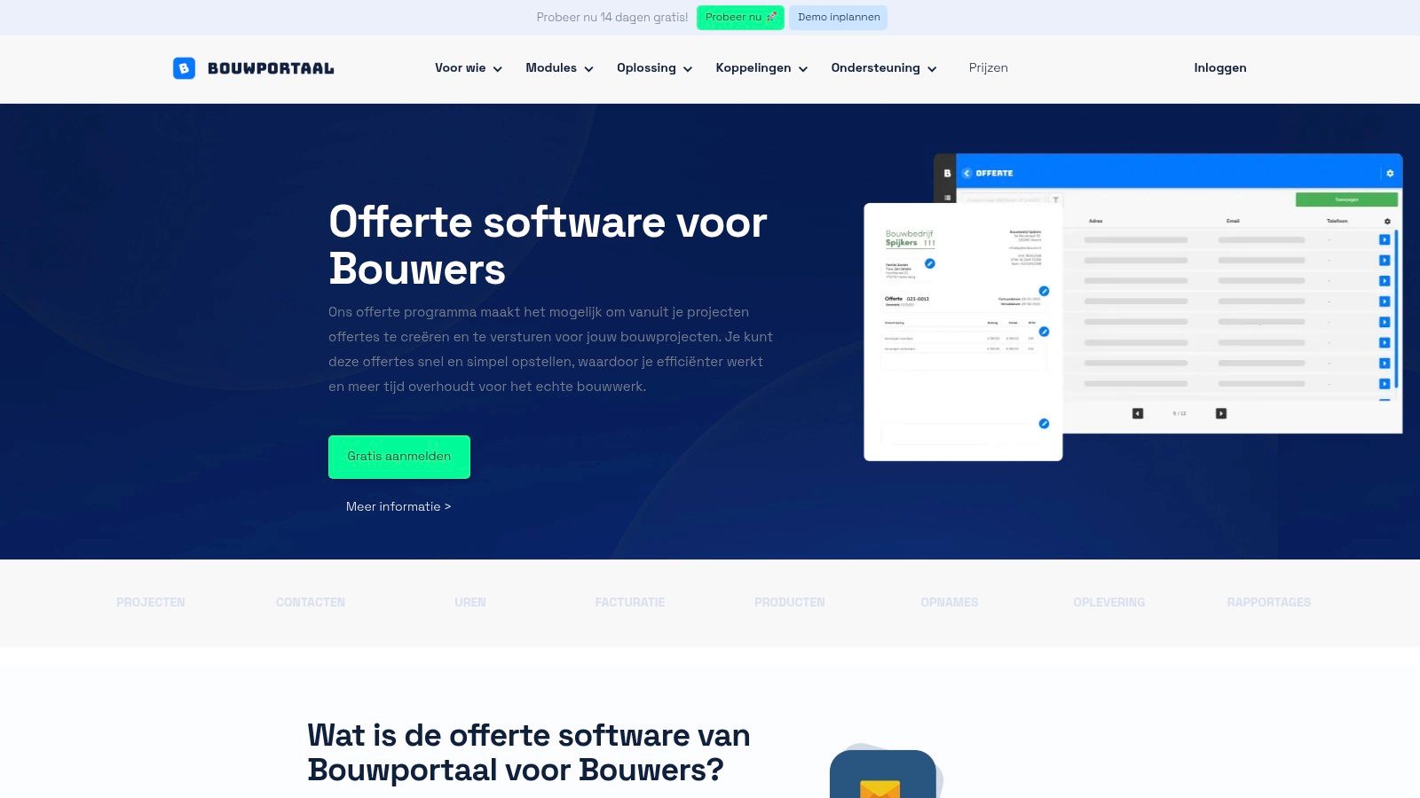 Overzicht van de offerte software module in Bouwportaal