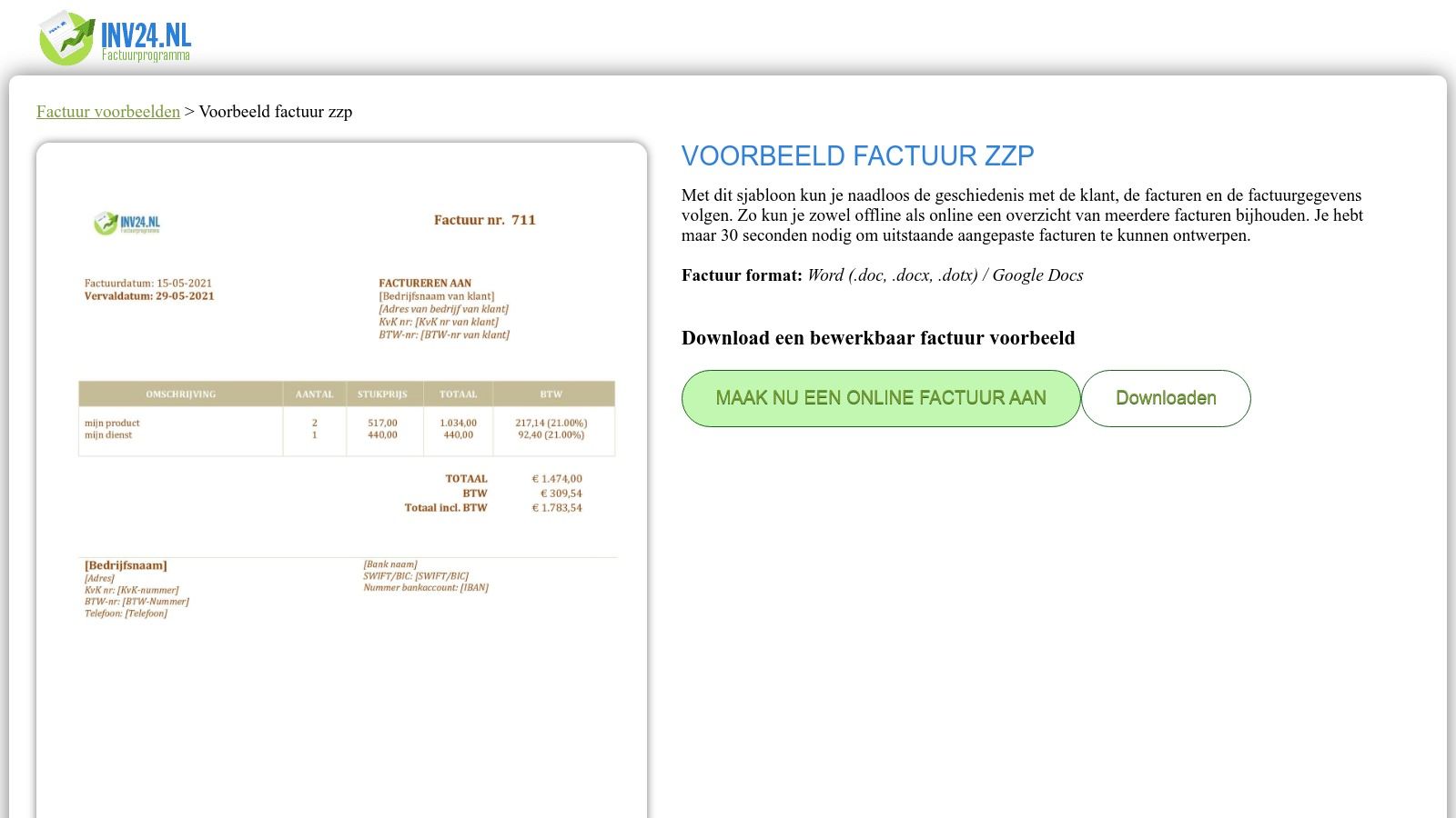 INV24 (NL) – Word-factuurvoorbeeld voor zzp