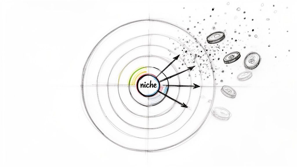 A hand-drawn diagram showing 'niche' at the center of a target, generating outwards flowing money and opportunities.