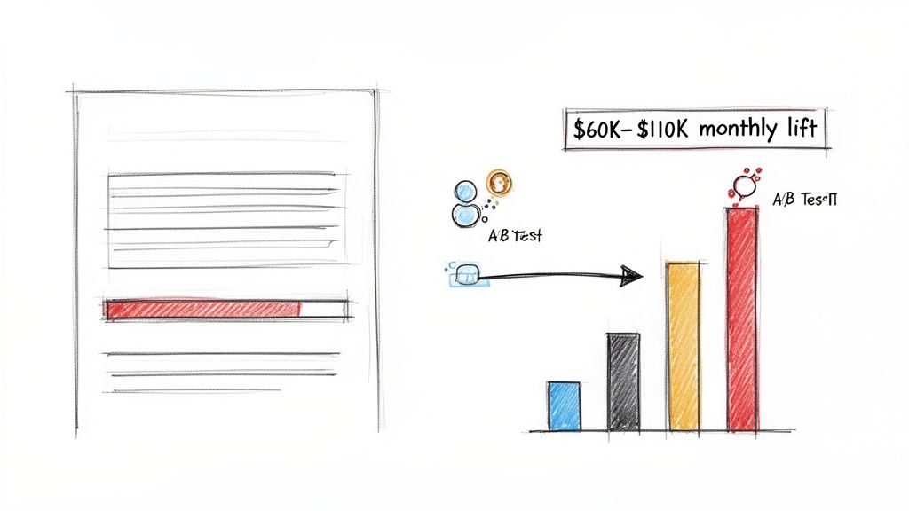 Hand-drawn illustration of A/B testing workflow, showing a significant monthly financial lift of $60K-$110K.