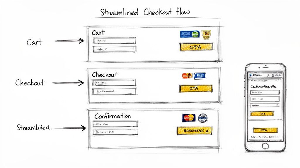 A whiteboard sketch illustrating a streamlined e-commerce checkout flow with cart, checkout, confirmation steps, and a mobile view.