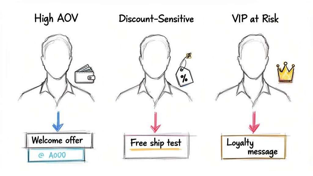 Three customer segments with tailored marketing offers: High AOV, Discount-Sensitive, and VIP at Risk.
