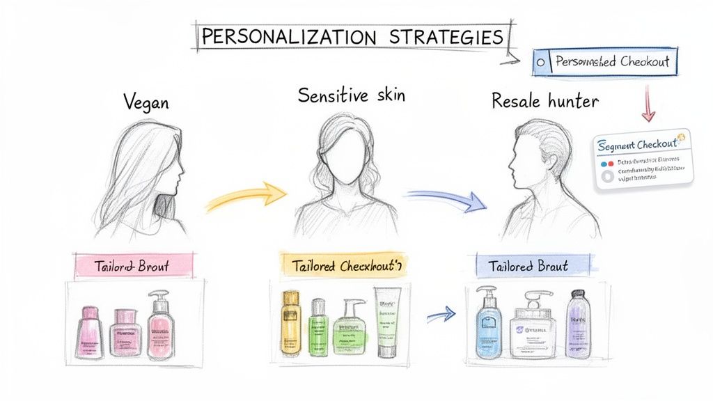 E-commerce personalization strategies showing tailored checkouts for vegan, sensitive skin, and resale hunter customers.