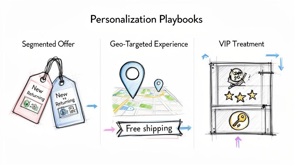 Personalization playbooks showing segmented offers, geo-targeted experiences, and VIP treatment for customer engagement.