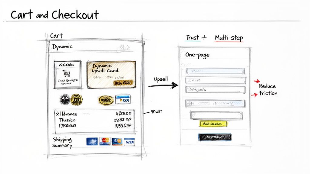Hand-drawn sketch illustrating an e-commerce cart and checkout flow with upsell and friction reduction concepts.