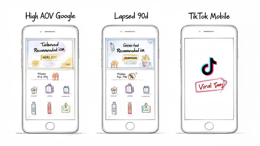 Three mobile screen sketches show personalized strategies for high AOV Google, lapsed users, and TikTok.