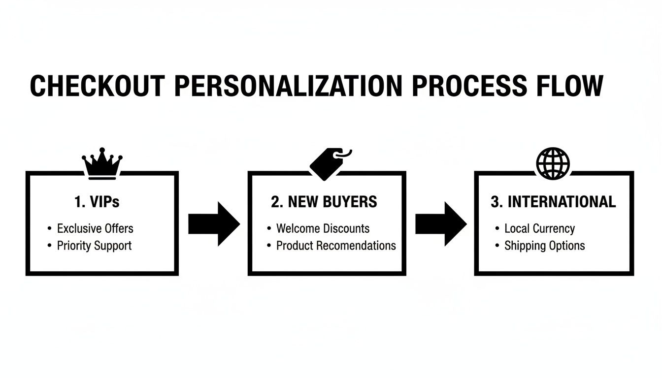 Flowchart depicting a personalized checkout process for VIPs, new buyers, and international customers.