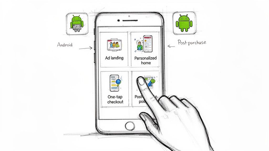 A smartphone showcasing mobile e-commerce features for ad landing and checkout.