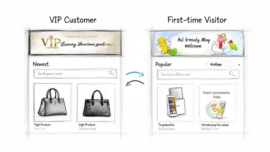 E-commerce website showing personalized product displays for VIP customers and first-time visitors.