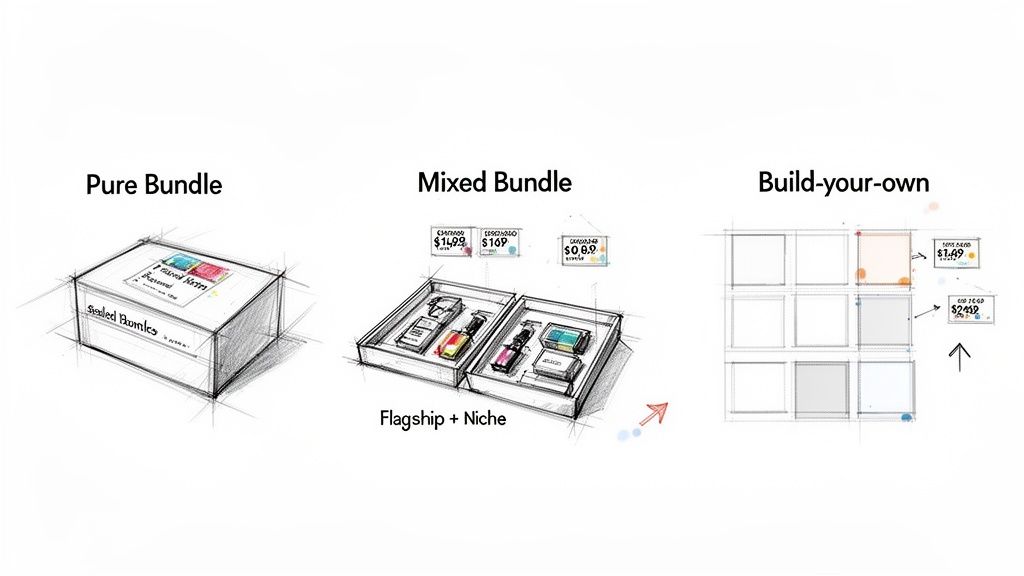 Illustrates three product bundling strategies: Pure Bundle, Mixed Bundle, and Build-your-own, with pricing details.