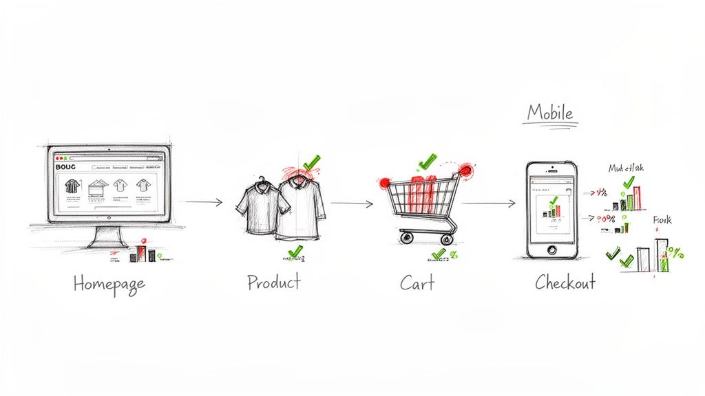 E-commerce conversion funnel showing user journey from desktop homepage to mobile checkout with success metrics.