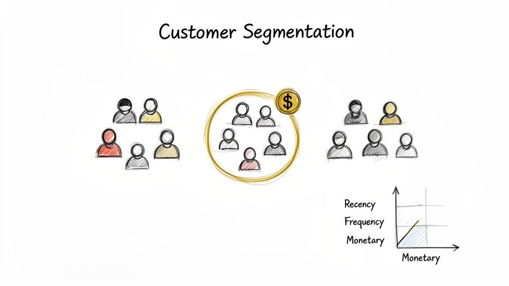 An illustration demonstrating customer segmentation, highlighting a valuable customer group using RFM analysis.